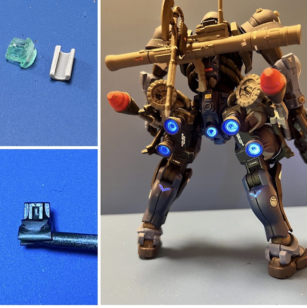 UVレジンとプラパイプでザクマシンガンの予備マガジンホルダーを作りました。これも足のパイプを利用してクリップオンで使います。予備マガジンもUVレジンで複製して2個セットでお尻に付けました。カッコ良し(自画自賛)