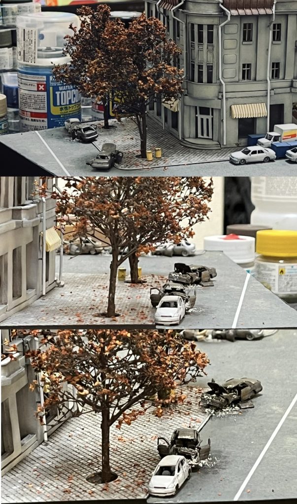 「レクイエム」ではオデッサ市内の街路樹が映し出されていました。実際の街並みもストリートビューを見るとどこもかしこも街路樹だらけでジオラマを作るにあたりこの特徴は外せないと思い劇中でもあった紅葉🍁で再現しました。歩道に落ち葉を散らすと雰囲気出ます。