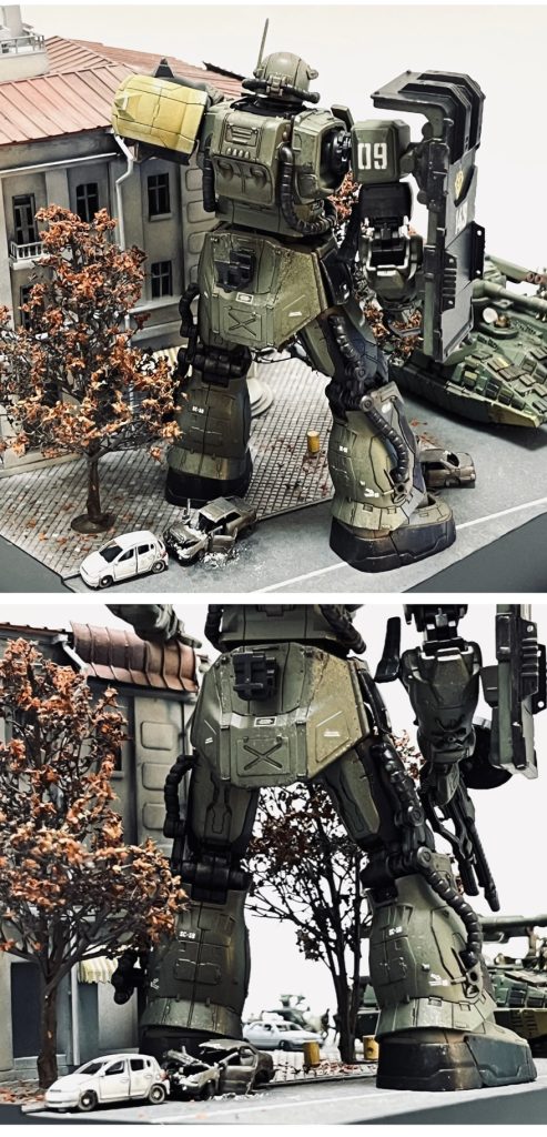 Netflixザクのリアルなキットの後ろ姿は現実の街並みに違和感なく溶け込み劇中の市街戦シーンが蘇ります。