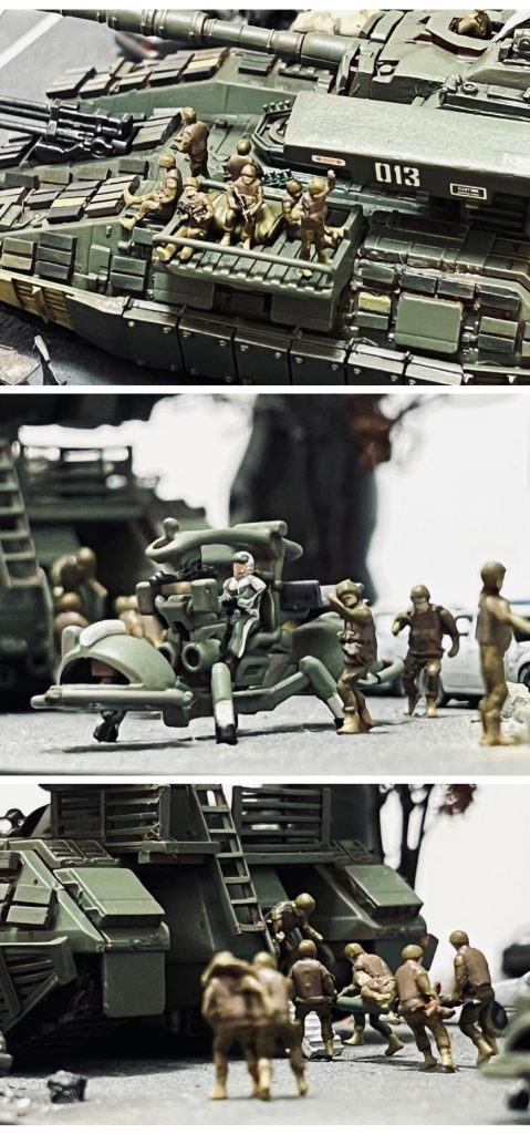 「タンクデサント/戦車跨乗」戦い疲れた兵士と仲間を鼓舞する兵士。ワッパに新たな救援指示を出す兵士。負傷兵の搬入。歩兵戦闘車としてのキャパも有す。フィギュアは山田科学のジオラマ軍人。手足を切り離しポーズを改造してます。ジオン兵カラーで塗装。全部で21体作成。戦車兵やワッパのパイロットも含めると計25体。こう見えても1/144の豆粒世界です。