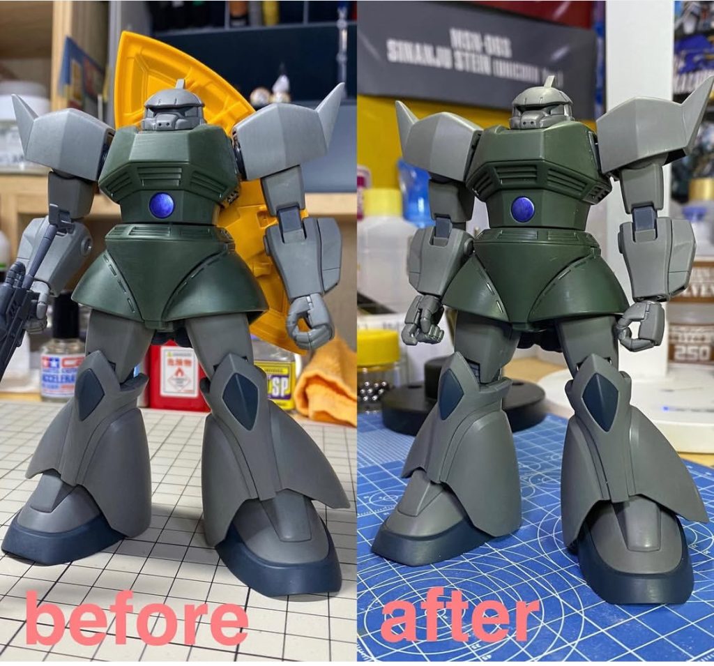 キットは腕を真下に下ろすことができませんので、肩軸が干渉しない様に肩の球体部分の切れ込みを削ってます。胴体の延長。接続部にプラ板を挟んで2ミリほど浮かせてます。股関節で左右に3〜4ミリ広げてます。自然な立ち姿になったと思います。