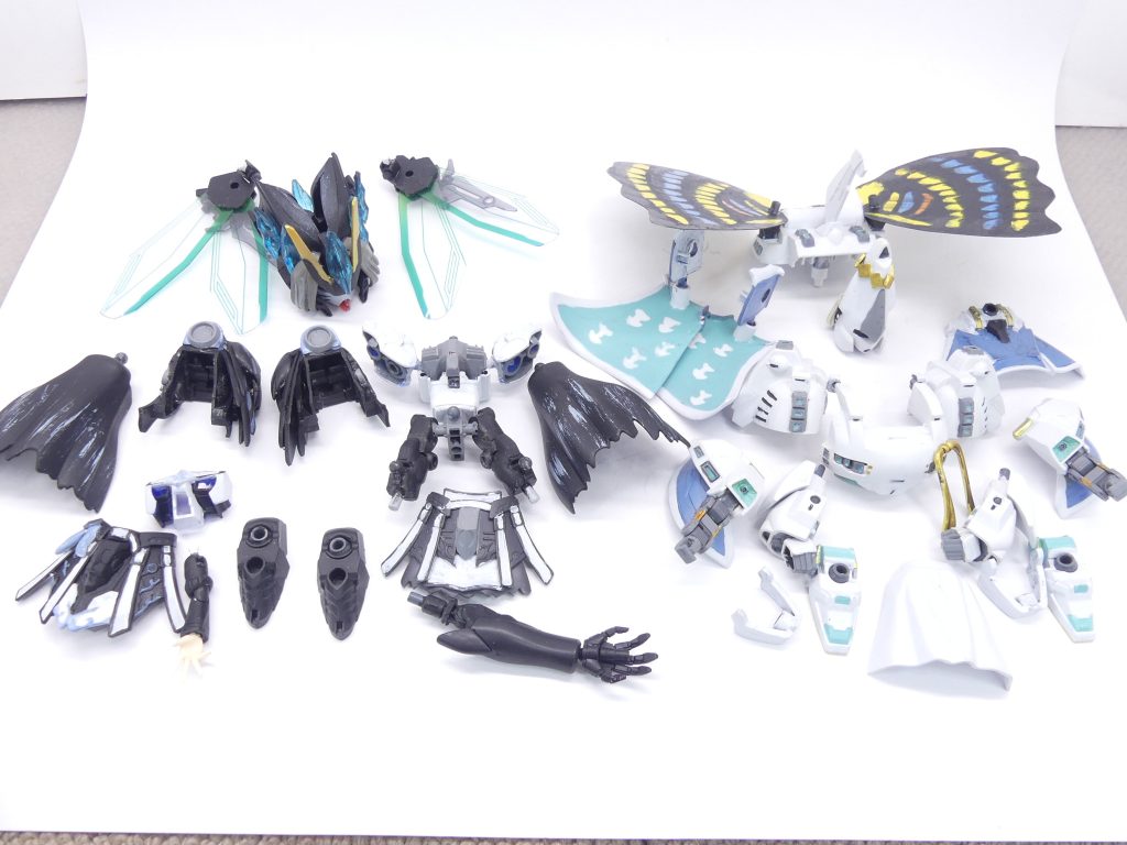 前編からの続き、オベロン/ヴォーティガーンの構成パーツ群。ドラゴンフュージョンよりも複雑でほぼ全取り替え…本体はレイフから構成。SJP-1ランナーは腹・腿を延長(これがあるためそろい踏みが難しい)。ここにレイフの肩・胸・腰パーツ、メガミスクの左腕、ぷちりっつぐだ子の右腕を接続していきます。