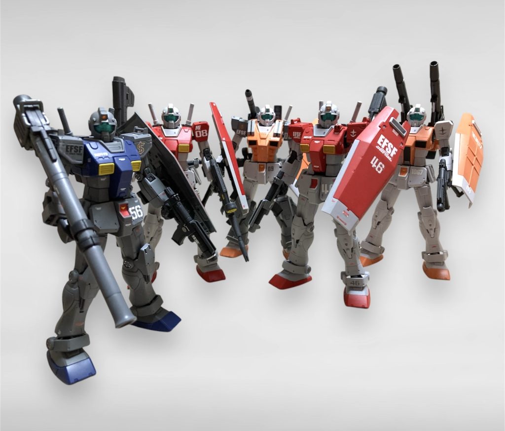 これまで製作したオリジン版(MSD版)ジム達です。それぞれにバージョンを変えて製作していますがジムは赤が良いですね。
