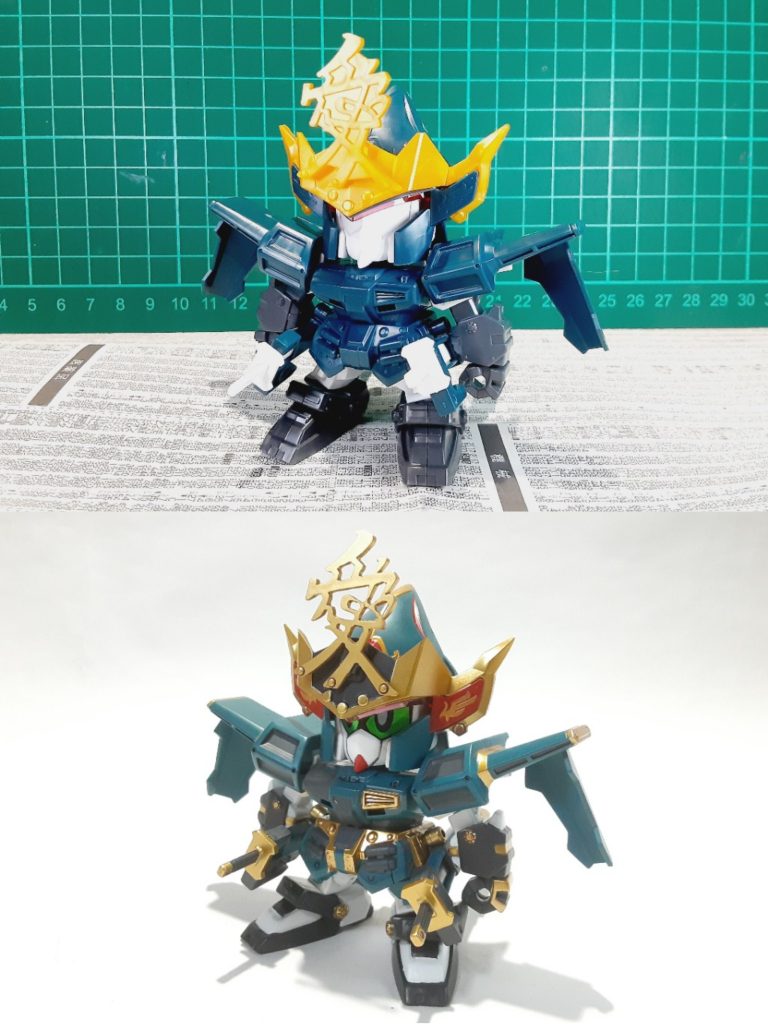 塗装前との比較加工は全体のシャープ化、肉抜き埋め、合わせ目消し愛の前立兜はピンバイスで穴を開けてデザインナイフで粗削りした後紙ヤスリで整えました