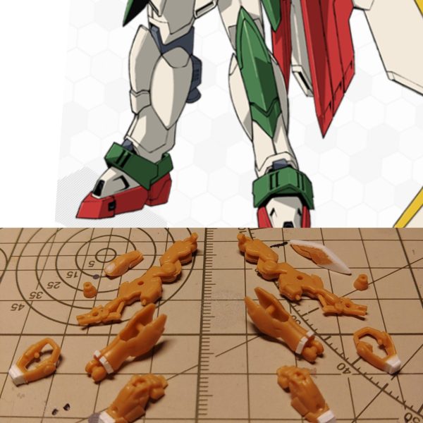 つま先、アンクルアーマー、足首にプラ板を張り付けて、改修の準備をしました。 膝は左右非対称の形状なのでこだわりどころですね。