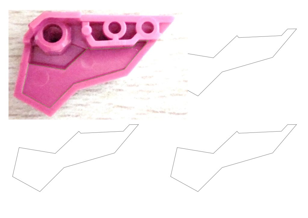 ネットを調べると、パーツにマスキングテープを貼って、形状をコピーして、作成するのが主流のようですが、それだと、複製がしにくいので、別の方法でトライです!パーツを写メって、PCに取り込んで、形状をトレースします。たとえば、肩アーマー裏の写メを取り込んで、PC上で、形状をトレース、必要数分を複製することもできます。