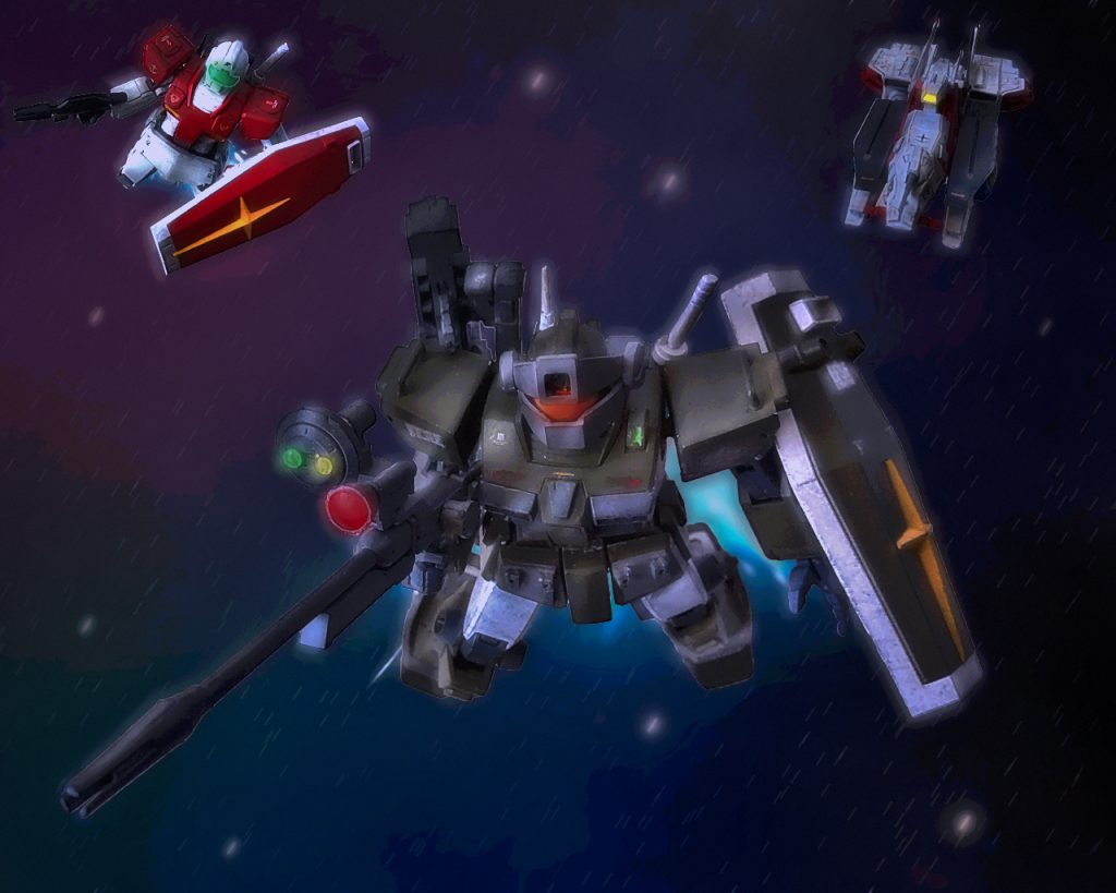 「ゼノ・イーゲル、ジムスナイパーカスタム出るぞっ!!」ホワイトユニサスのカタパルトデッキからジムスナイパーカスタムは勢いよく飛びたった。それに遅れて左右一隻、合わせて二隻のサラミス級からジムが1個小隊ずつ発艦する。「こちらレッドウィング01だ。各小隊は俺の指揮下で動け。各機最大戦速でシャトルに向かう。いいなっ!?」「了解っ!!」ジムスナイパーカスタムを殿にジム隊は続いた。(……偽りの英雄、俺は肩書きなんざ、望んじゃいない)ゼノはスロットルレバーを全開にしブーストを掛ける。(…同胞を失うのは、生かされた者として誰よりも分かっている。……だからチェスター、お前も死ぬなよっ!!)