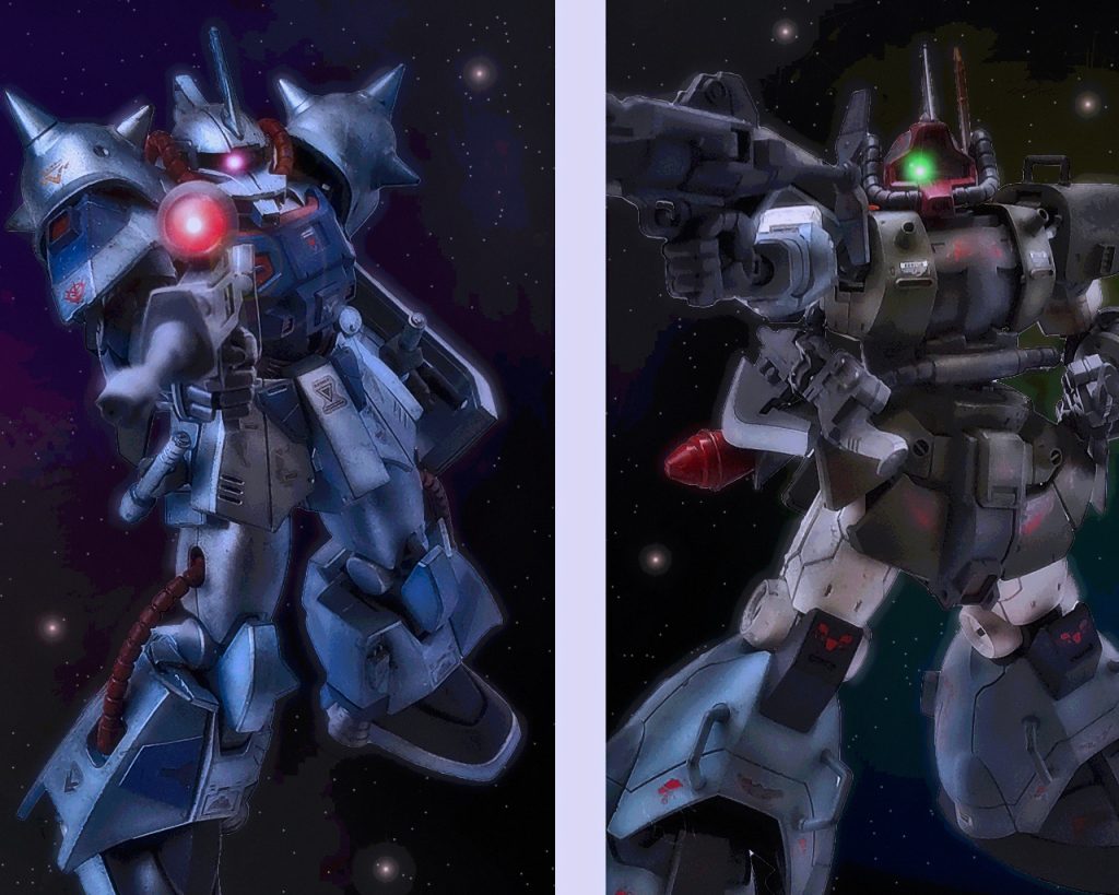 「全員動くんじゃないわよ…」近づいてきた青みがかった銀色のMSは、有無を言わさずモアに銃口を向けた。すると同じタイミングでモアも銃口を相手に向けロックオンする。「…アンタ、誰に銃向けているのか分かってんの?」「それが本国親衛隊の礼儀か?」「口の聞き方がなってないようね。特務隊と言っても、マハルの下級スペースノイドじゃ本国の犬以下よ」「何だとっ、てめぇっ!?」トライバル隊員が無線に割って入り激怒する。「…黙りなさい俗が。アンタみたいなの1人いなくなった所で何も影響ないんだからね?」銀色のMSはモノアイだけを動かし睨みをきかせた。「…よせ、話しは俺がする」モアが制止すると隊員はそれ以上の発言を慎んだ。「そうよ、三下が吠えるんじゃないわよ。ねぇ、グレイシー少佐?」「ロゼット・メイカーだな…?」「中佐殿が抜けてるわよアンタ。やっぱ犬には指導じゃなく調教が必要なようね…」銀色のMSのパイロット、ロゼット・メイカーは女性の様な口ぶりだが男性で金色の短髪が特徴の上級士官だ。「要件は何だ?」モアの淡々とした態度にロゼットは苛立ちを覚える。「もっともアンタも話にならないのよね…。あの艦がここにあるって事は中にいるんでしょ、主犯格が?」「…何のことだ?」「しらばっくれてんじゃないわよ、下級ノイドが!総司令部から出している命令はアンタら『トライバル隊』の前線配置だけで、誰があの艦をだしていいって言ったっっ!!!?」ロゼットは額に血管を浮かせ怒鳴った。「…ルーニック基地所属における者の特例権限だ。『有事』の際はその基地及び携わる兵器、機密を守る為に、総司令部配下の突撃機動軍、宇宙攻撃軍の枠を外れ、ジオン公国存続、防衛の為の独自判断が委ねら……」「そんな事聞いてんじゃないわよっ、ボケがぁっ!!あの方舟はうちのSランク機密の切り札だろうがっ、何こんな所に持ってきてんだよっ!?」「…今が有事の時だからだ」「はぁっ!?アンタ今自分で何言ってんのか自覚あるの!?」「無論だ。…ノアズ・アークは敵性勢力における者達から狙われている。だから退避させたのだ」ロゼットは凄まじい剣幕のまま片方の眉を動かす。「…やっぱ下級ノイドはお頭の出来が悪いようね。ルーニック基地が連邦軍にバレる訳ないでしょうがっ!?」「…連邦軍などではない…」「……何ですって?」ドム試作実験機と銀色のザクは銃口を互いに向け合ったまま沈黙した。(……さあ、どうでる?)モアはいつでも引き金を引く覚悟が出来ており、その眼には一切の曇りがなかった。すると二人の間に無線が割り込む。