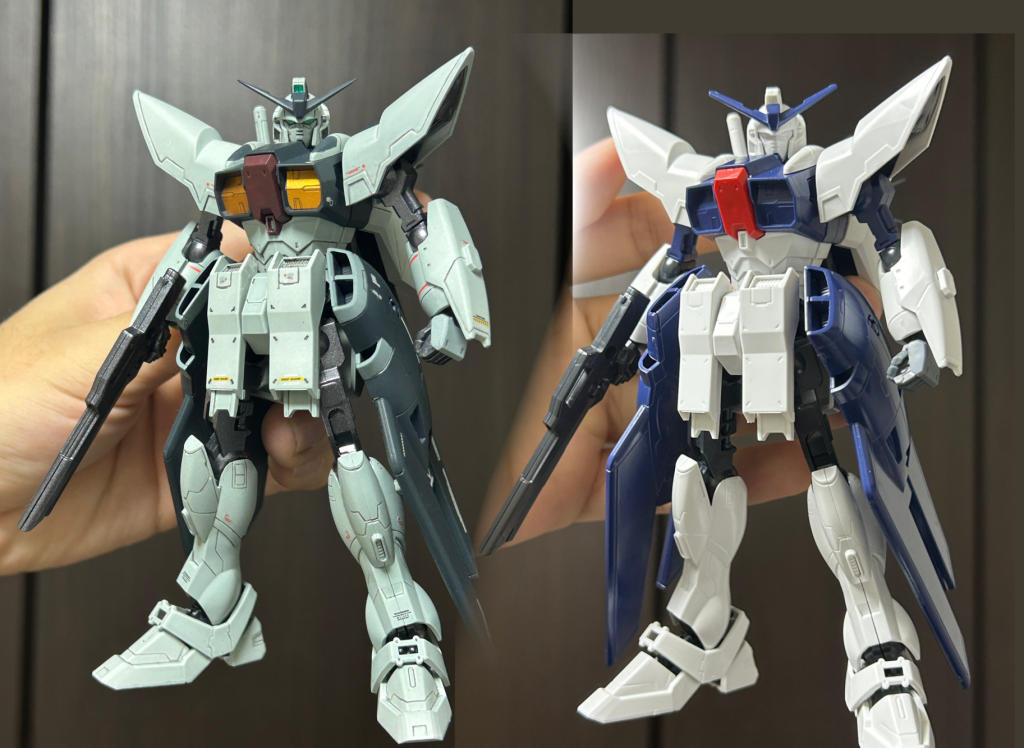 素組みとの比較Gセイバーって、劇中とゲームとプラモで色味が全然違うんですよね。配色も1部違うので今回は全ての中間を行くカラーリングで仕上げました。胸部の黄色い部分だけシール使ってます。
