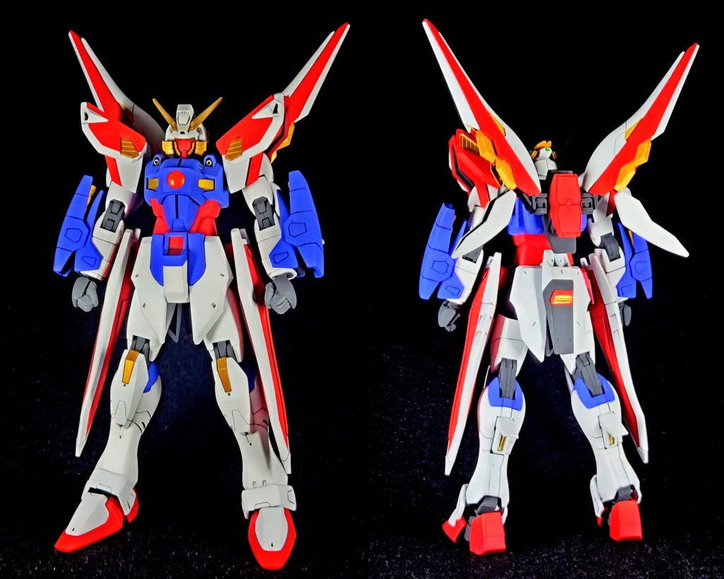 ビルドシリーズでの自分の考えたキャラの機体というイメージで作りました。コンセプトはそのまま炎のシャイニングガンダム。炎を扱う機体ということで各部の金色の部分が放熱を助けスーパーモードにならない時でも常に機体に熱がたまりすぎないようになっているという設定です。デスティニーのパーツのおかげで稼働は良好。