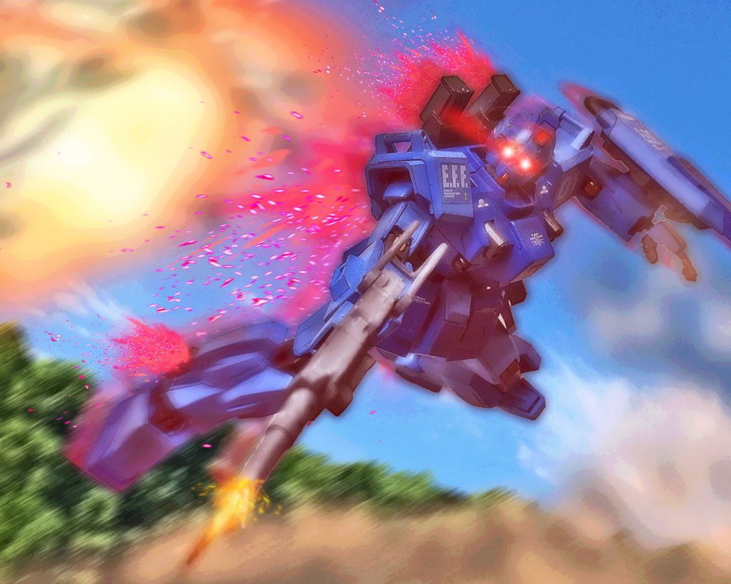 (…ドウシテ?…ナゼ…、キズツケヨウトスルノ…?)ブルーは今までとは違う機動を見せ、ジヴァの激しい集中砲火を潜り抜ける。「何故だっ、何故避けられるっ!?」『普通』であれば先ず避けられない攻撃にアーノルドは焦りを隠せなかった。あの蒼いMSはこちらが何をしようとしているか把握し先読みして動いている。脳からの指示が身体に伝わるより先に相手が行動し、まるで吊られて動いているようにも思えた。(……あれはカジマ中尉がやっているの?)コーティリアは息を呑んだ。ブルーが量産機とは違うワンオフの高性能機なのは分かるが、この機動性と戦い方は常軌を逸している。(それにこれは…?)コクピットのメインモニターには先程見た翼の少女がノイズ混じりでちらつく。ブルーが発しているのかNT‐1が見せているのかは分からないが、コーティリアはこの未知の現象に戸惑う。(…あれがマリオンなの?…だとしたらあの子はブルーの何なの?)コーティリアは頭の中で錯綜しながらも戦闘中なのを思い出し、左腕部のガトリング砲を構えブルーの援護射撃をする。この2機の反撃にジヴァは初めて後退する動きをしたが、そこをブルーは見逃さない。「ガンダムでなくヤツは一体!?」ジヴァが高度を取りやり過ごそうとするとブルーも天高く飛び跳ねた。