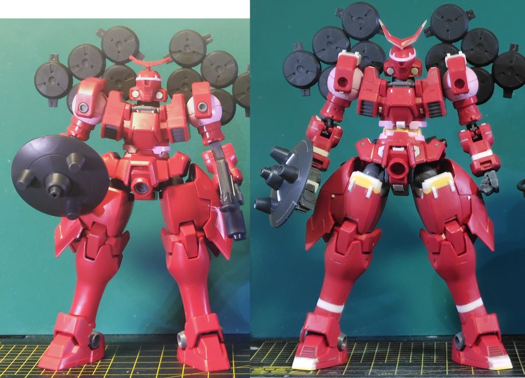 改修前後の比較写真です。首、上腕&前腕、腰、腿&スネで延長加工を行いました。