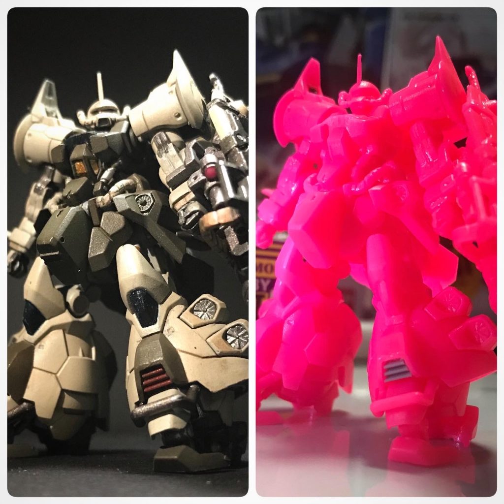 初物がレアカラーのショッキングピンク！目をやられましたが、部品を床に落とした時はすごく見つけやすかったので助かりました笑モノアイとバーニア内部とスコープはレアカラーを活かしてみました！