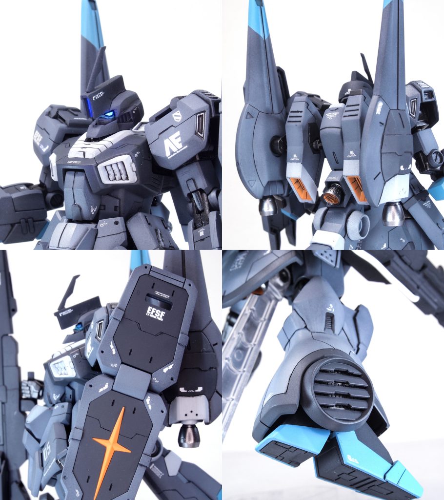 各部アップ顔は最初アストレイでガンダムフェニーチェに変えたりしながら最終的にはビルドバーニングガンダムのものに落ち着きました。カラーリングはプラス系のMSを意識してグレー系のロービジカラーで、一部ターコイズブルーにすることでベースMSのディジェの面影を残した配色にしています。水性黒サフの立ち上げ塗装でいつもどおりアクリジョン、ファレホ、水性ホビーカラーで塗っています。シールドの十字マークはリック・ディジェ改を意識してあえて残しました。