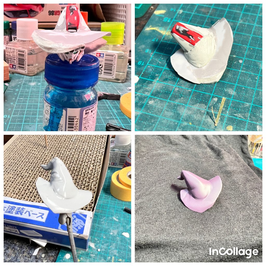 魔女帽子の制作工程です。プラ板とパテの塊を削り切り貼りし作りました。ツバは広く作り小顔効果と直線的すぎるとシルクハットになるので波打つ様なラインを意識しました。魔女帽子には魔女の目元の冷たさと優しさを隠す役目があります😄