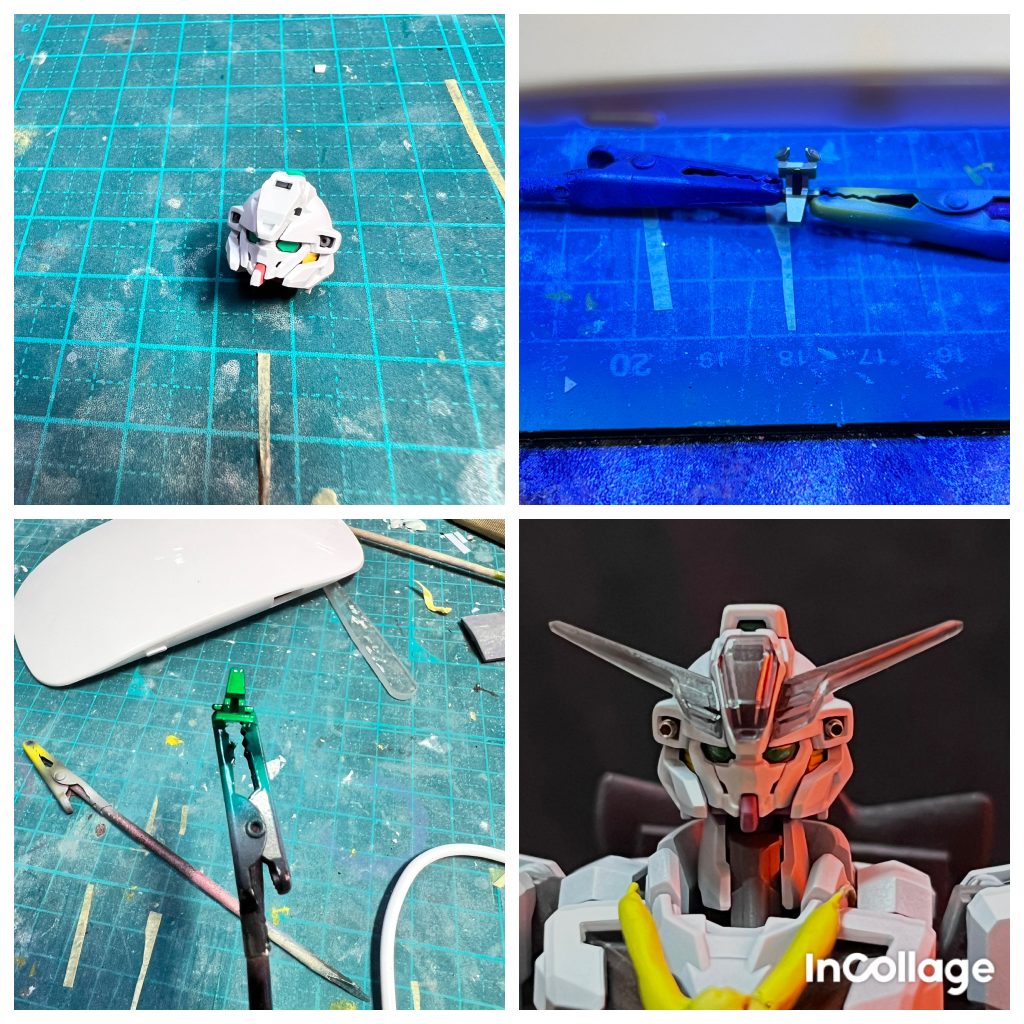 ここから改造ポイントの解説になります。まずは頭から①アゴにプラ板を貼り付けて少し延長しました。②③瞳のクリア化をしました。金塗装した瞳パーツにレジンを塗り付け硬化。その上からクリアグリーン塗装で完成です。④バルカンはメタルパーツに差し替え（設計ミスなのかキャリバーンのバルカンは内側に寄っていてます）。