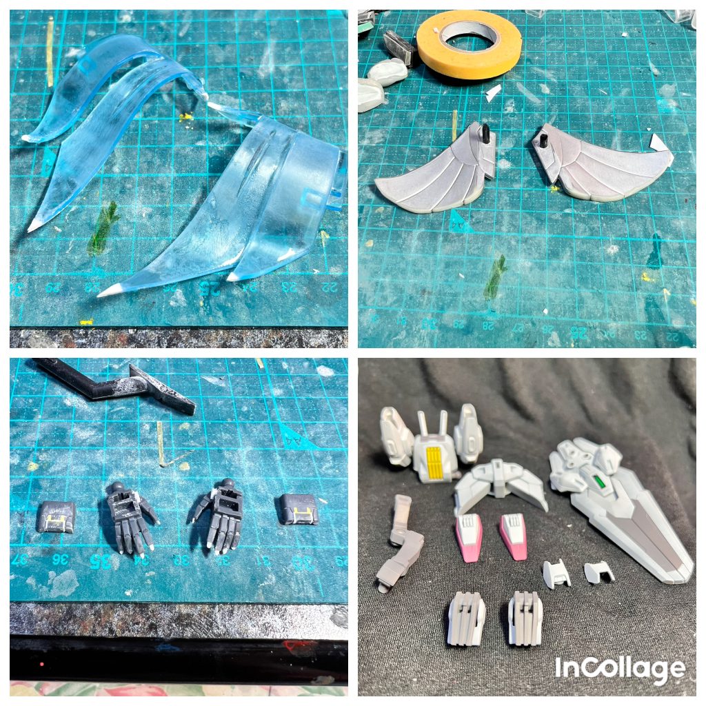 ①正面のローブはBB戦士の魂武者闘刀丸のものから加工しました。②太腿側面の羽はプライズの聖闘士星矢天馬聖衣のパーツにピンを刺して装着しています。③水星キットの平手は入手困難なので、バンダイスピリッツオプションパーツのものを加工しました。④余りパーツは無加工なのでいつでも通常キャリバーンに戻せます。