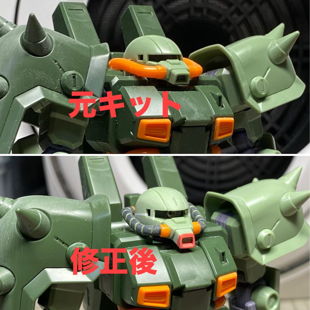 頭部改修①モノアイレールを幅増し②モノアイを市販パーツに変更③動力パイプを他キットから移植④くちばしダクトを延長