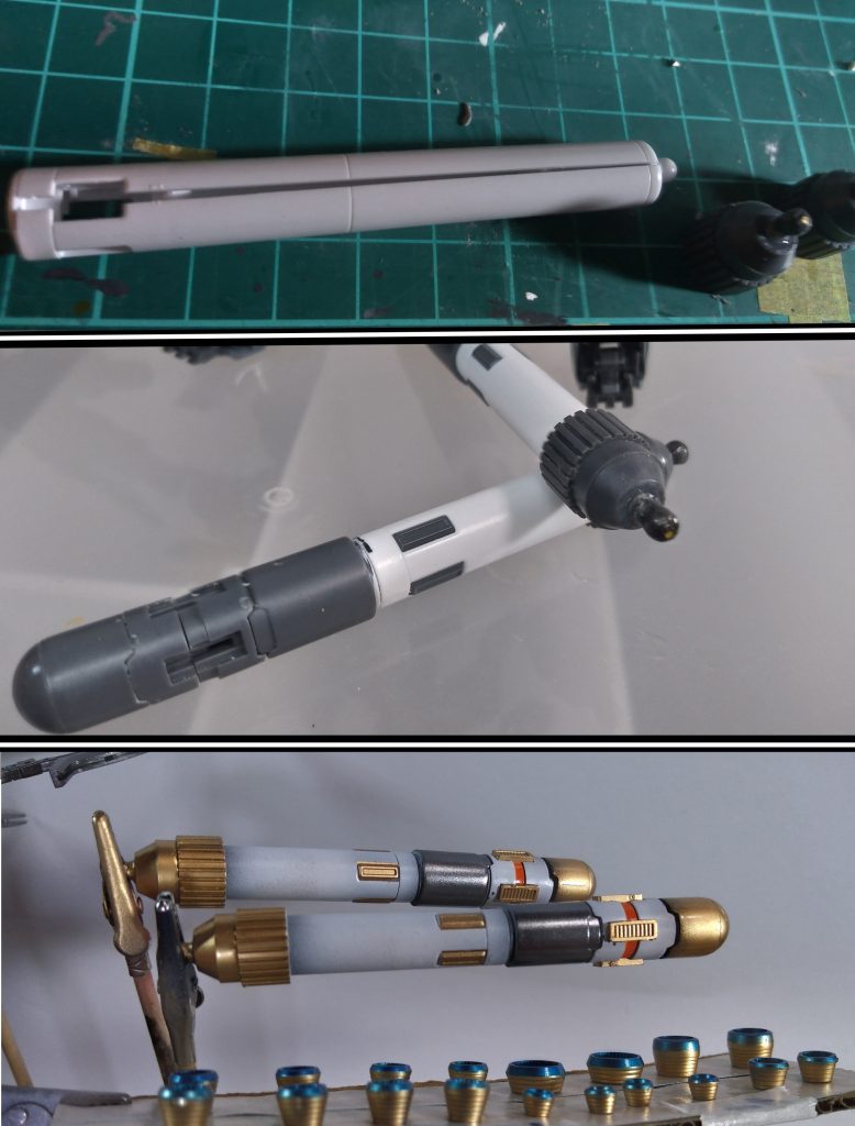 フレーム組みながら目についたプロペラントタンクが、なんかのっぺりしてディティールも無いタンクだったので、以前使ったプロペラントタンクの残りカスを切り貼りして改造。真鍮線使ってボールジョイントを移植したり、ノコギリカットして接着したりでガタガタになりつつも、最終的にそれっぽいモノが出来て一安心。今回はバーニアを青焼け風味（グラデーション無し）で塗り分けしてみました。 とまぁここまで楽しく作って結構やりきった感も出た所なんですけど