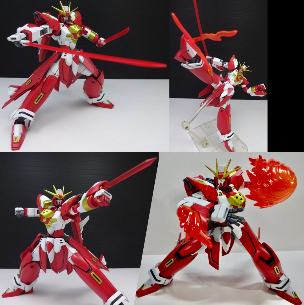 今回もいつもどおりの紅白パターンに胸のクリスタル、胸部あたりに號斗丸。巫女服要素は、下腕部の袖のあたりや厚みのある脚部装甲のあたりに仕込んでいます。肩幅は狭くして女性っぽさを出したつもり。左腕のフレームを赤くするのは強化前からですが、白の面積を減らし某巫女さんシューティングの主人公のような分離した袖(デタッチドスリーブ)を意識した形状にしています。いつもなら背負わせているウイングバインダーは、飛行形態がきれいにまとまらないのでスッキリと。そのせいか「太陽の勇者ファイバード」のファイバードやリスペクト元のYF-19みたいな構成になりました。配色は初代ガンダムから続くいつもの配置感の踏襲というよりは、形状と同様に巫女服をイメージした配色となっています。あ、左腕の上腕の白は失敗だなぁ…。武器類はビームソードや手甲、拡張セット1で載せたいろんな装備を強化前から引き継ぎ。新しい装備として炎状の粒子ビームを放出できる、という体で炎エフェクトを取り付けできるようになりました。袖部分(今回つけてないけど足の裏も)はエネルギーの放出口があり、パイルバンカーのように使ったりトラクタービームを出したりと表現できます。両腕袖自体も前後を入れ替えて武器との干渉を避けるようになっており、前腕にロールも入れることで物を持つのにはあまり苦労しない設計です。