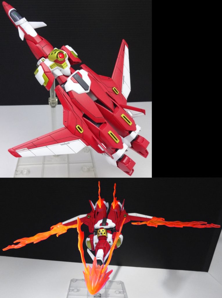 今回は可変機構を実装しており前進翼の戦闘機になります。基本は頭が前の寝転び変形。ウイングガンダムとかのパターンを上下逆にしてますが、主翼を腰にすることでベストな配置にしてみました。見た感じ通り、上半身は一部差し替えとなっています。腕がついたままだとどうしても機首から中央のラインがキレイにならない…、ので潔く。交換で対応した部位は設定的には圧縮空間に収納したとか、ゲッターのごとくモーフィング変形ということで。Gガンダムのモビルファイターも色々ムチャしてますし。機首部分にはビーム・ガンの砲門があるのですが、その部分と機体各部から炎を放出した突撃技っぽい状態をエフェクトパーツをつけて表現できます。すっかり忘れてましたがガウォーク系の中間形態も可能。腕を付けて腿を180°回し自然な逆関節になるようにできます。形状はYF-24以降のものが近い感じ。近接機体のこの子にガウォーク形態が必要かって?これもパイロットの趣向です。で、割と無駄かと思っていたのですが・・・。