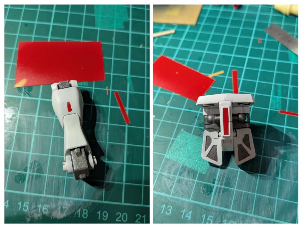 細かい部分の塗り分けを簡素化するために塗装した0.3mmプラ板を貼りました。