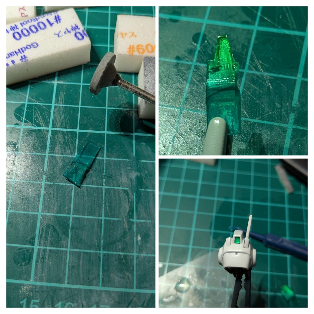 後頭部のカメラがクリアパーツになってなかったので自作。クリアパーツのランナーを平らに削り出して蛍光グリーンで塗装、裏にアルミテープを貼ってから丁度いい大きさにカットして接着しました。