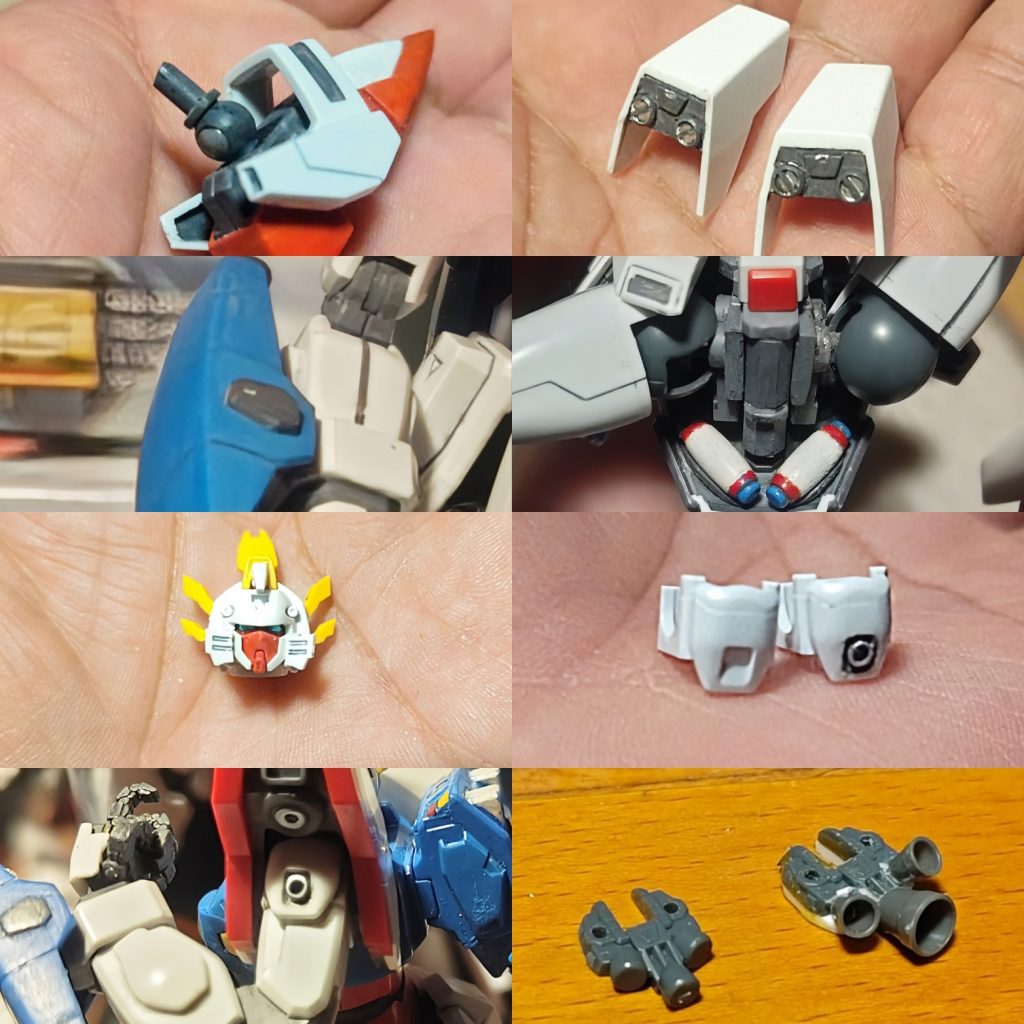 余り途中経過は撮ってないですが足首のボール関節。腕が気持ち長いので最後に軸にスペーサーを噛まして1.5mm程骨延長。肩アーマーの内側や手甲にビルドパーツでタッチアップ。例の煙幕弾はスカートの内側に収納。ヘッドは最初ノーマルモードだけスターバーニング流用してたけどバランスが良いからバトル、スーパー両方共スターバーニング流用に変更。への字ダクトをパテで消してそっと削って赤く塗るだけ。フェイスカバーや歌舞伎のトサカは元キットを流用。上腕のダクト系のくぼみ、真ちゅうパイプでバーニアっぽく、ちょっとカトキ風味に。HGなんだから差し替えと割り切って足部のバーニアは切り落として大型化。ケレン味やハッタリ効いてカッコ良いんだな。