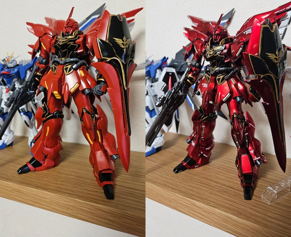 エングレービングだけ終わらした状態のパチ組とのビフォーアフター塗装、デカール、トップコートでだいぶ印象も変わりますね