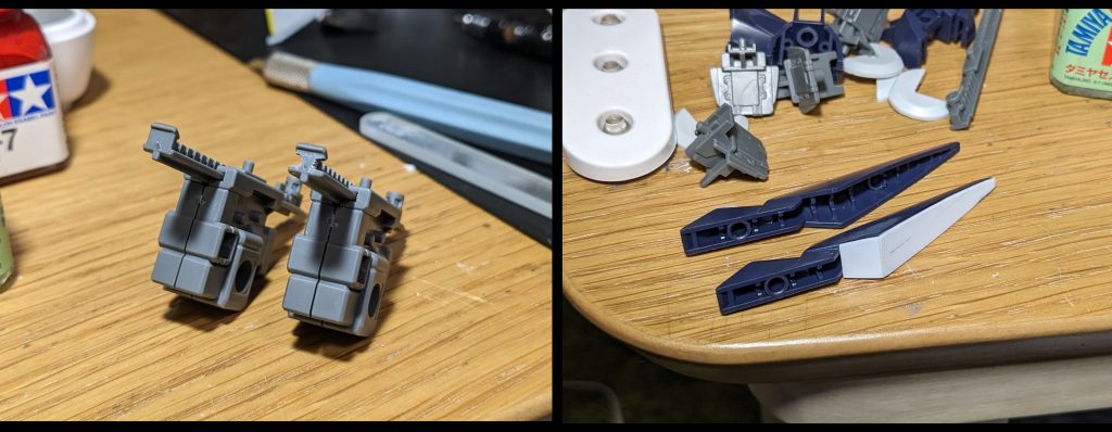 改修点・脚のクローアームユニットのストッパー形状を変更、これによりMETALROBOT魂版のようにクローユニットを大きく前に引き出せるように・肩のマルチアームユニットは肉抜きが目立つ為プラ板にて穴埋め