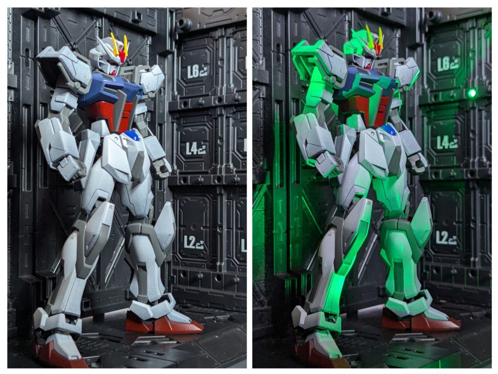 まだ試作ですが百均のディスプレイべースを改造して格納庫を作っています!(ちなみに写真はLEDのON,OFF)こんな感じですが暗くするとまだLEDが暗いような…