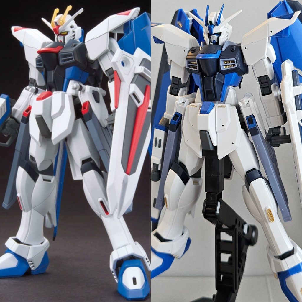 左はバンダイさんホームページより。右はスミ入れ、デカール、艶消し前です。あごと頬は結構削りました。ヘルメットは前後分割のところにランナープラ板を挟み、その分ヒサシや頬あてが前に来るので顔が奥まり精悍に見える！というセイラマスオさんのすごい作例を真似しました。ほか加工はピンバイスで穴あけです。各所に金色を指したかったので、逆に赤や黄色を青にしました。センサー部分の緑(EX)含め部分塗装はガンダムマーカー、他は成形色のままです。
