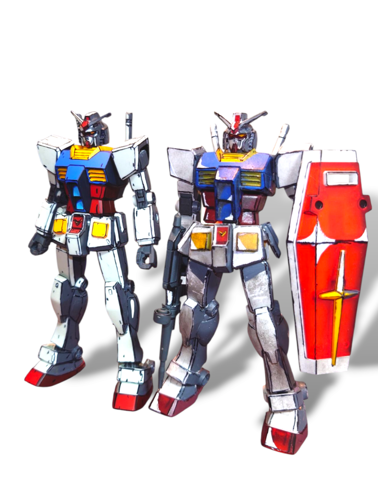 はじめてアニメ塗装をしたエントリーグレードのガンダムと並べてみました。はじめての頃はこれだけで大満足してましたが…今となってはどこがアニメ塗装なのかわかりませんw