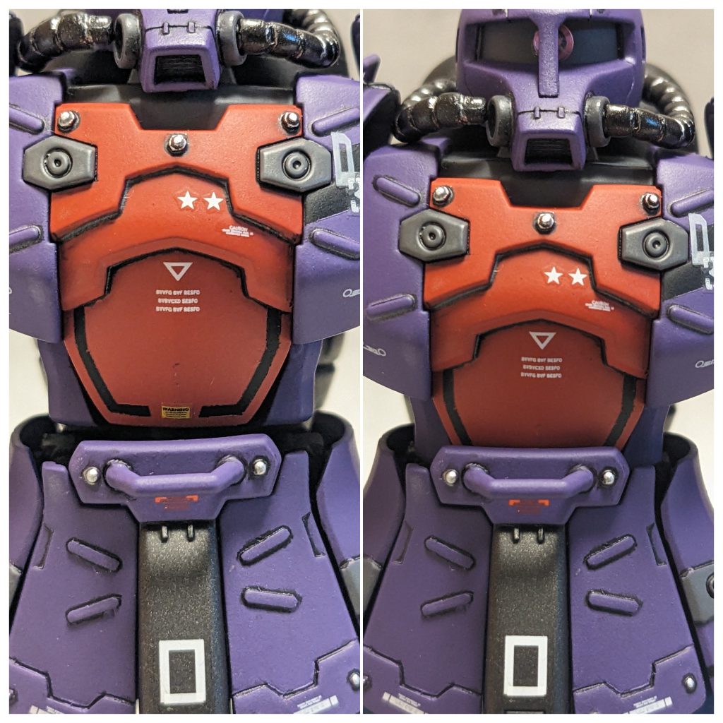 実はこの作例、大河原邦男氏のデザイン画に沿ってディテールアップしたのですが、お腹の所が腰で隠れるのを最後の最後に気付きました。お腹を伸ばすと設定画みたいになりますが、如何せん胴長ですよね。あと、腰部の元キットの丸モールドの幅とディテールアップパーツの幅がピッタリですごく気持ち良かったですね。