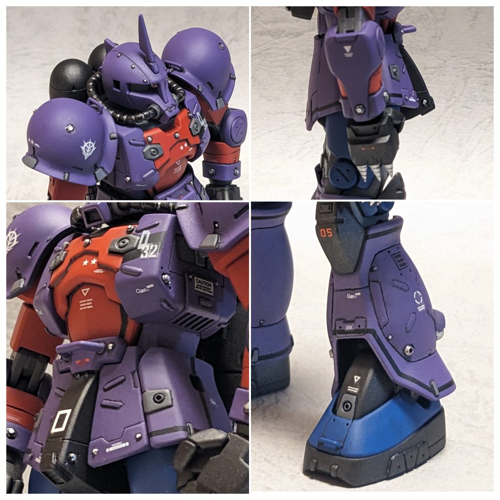 各部ディテール。今回はスジ彫りよりも、プラ板及び市販のディテールアップパーツを使う事をテーマにディテールアップを行いました。元キットにある特徴的な胸部の六角形や長方形の出っ張りを他の部位にも付ける事でディテールの統一感を出しました。またリベットは0.5ミリの真鍮棒を刺した所と、1ミリのプラリベットを使い分けしました。