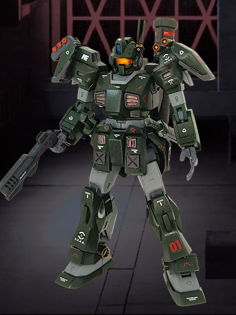 HGネモをベースにジムスパルタンのパーツをミキシングしました過去につくった、2つのスパルタンのパーツを再利用して、肩シールド、腰のナイフを左右に配置ネモ頭にスパルタンのヘッドギアを削って貼ってなんとか装着