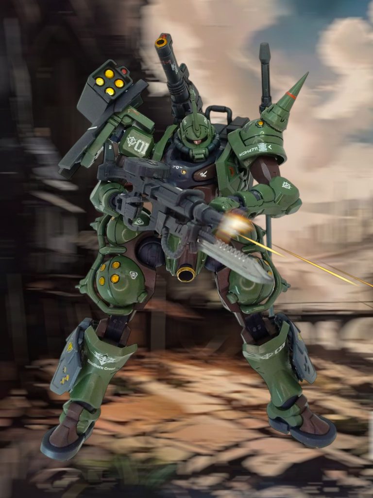 シンプルなザクにするつもりが、作ってる最中に、いろいろなパーツがくっつきました(zaku-kao4)最終的にはJ型というよりも、劇場版ククルスドアンに登場したGD型高機動型ザクのような感じに