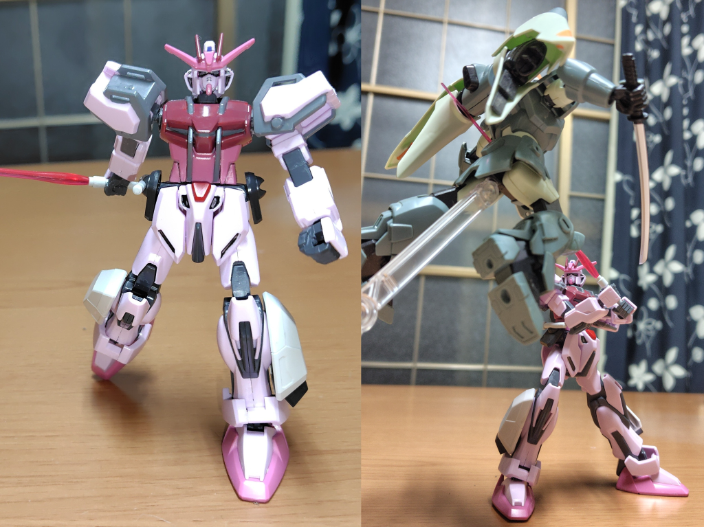技術実証機も兼ねてたこのルージュは脛側面にウィンダムのスラスター増設、アーマーシュナイダーの代わりにビームサーベル懸架してた為に、サーベル刺突で襲来したジンを迎撃❗️