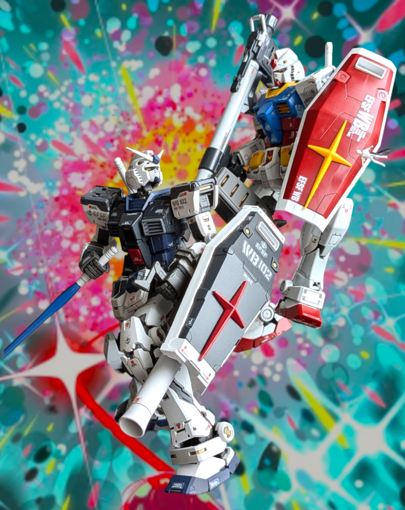 新旧といえば放送中のジークアクス。キラキラの中で大河原ガンダムと庵野ガンダムが遭遇する展開はあったりしないかな…ここまでご覧頂きありがとうございました！やっぱガンプラは楽しいですね…久々に触れて夢中になりました…次は積んでるアーティファクトかジークアクスか…