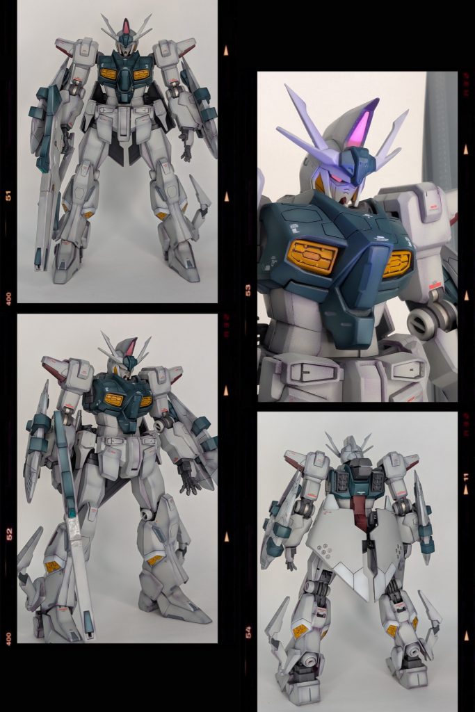 素体のオデュッセウスガンダムです。グラデーション塗装をしてますが、胸装甲の青部分は調色を失敗しました。けど仕上がってみると意外と馴染んでる?頭部は光るようにしてます。