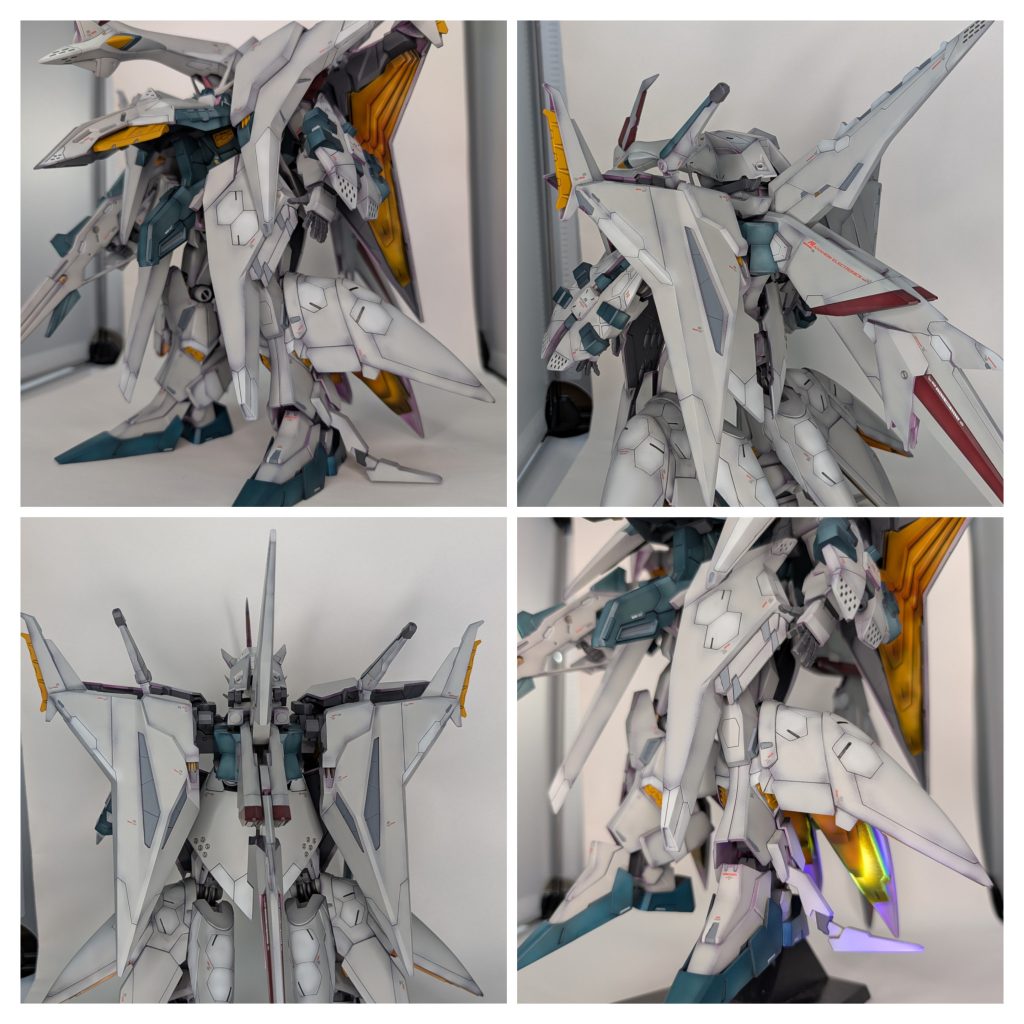 FFユニット装着、ペーネロペーとにかくデカいのと情報量が多すぎwミノフスキーフライトの板は発光できるよう蛍光色を混色してグラデーション塗装しました。デカールはファンネルミサイルセット用のを手に入れたのでそちらを使用。