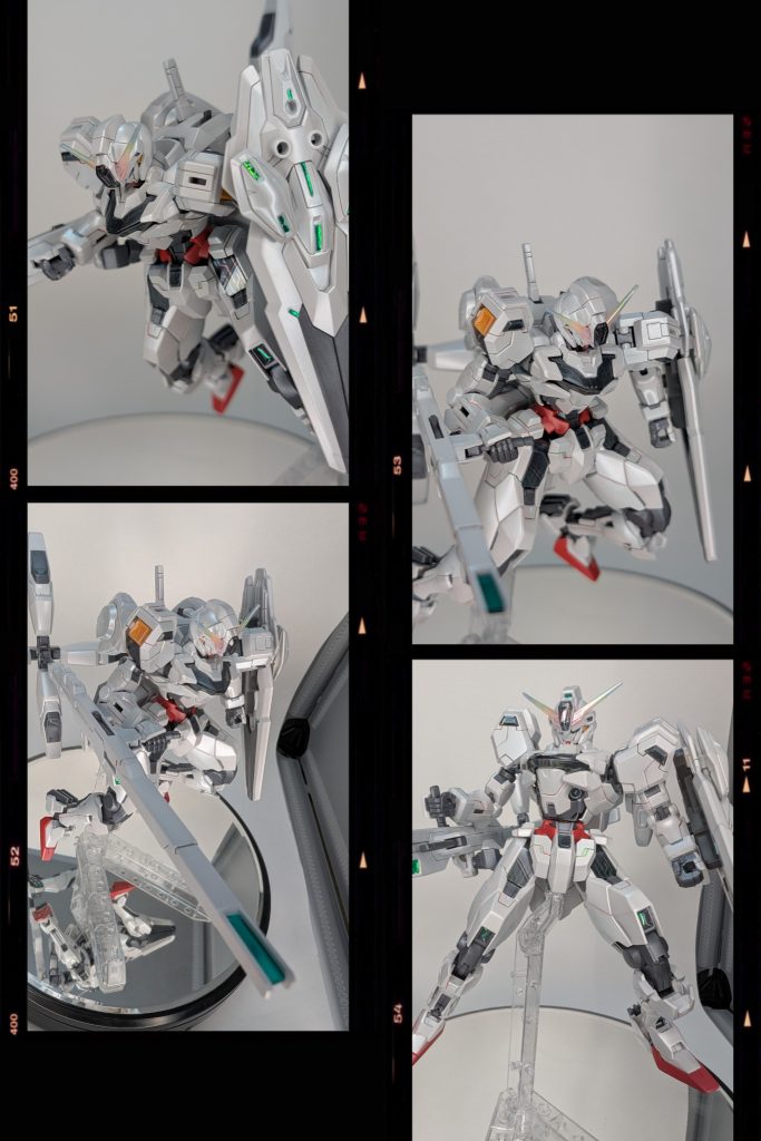 グリーンのセンサー類は付属のデカールにホログラムシートを重ねて貼り付けしUVレジンでコーティングしてます。ヴァリアブルロッドライフル先端はクリアパーツはを切り出しメタルグリーンと蛍光で表現。