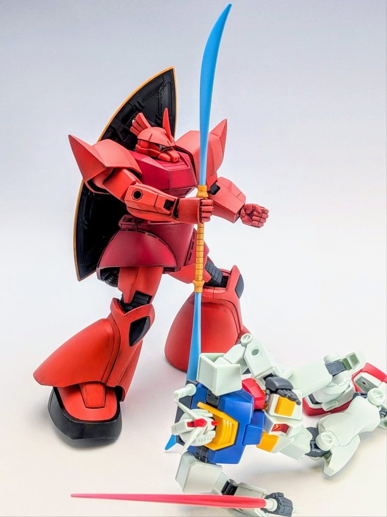 TV38話 再会、シャアとセイラの場面風に。アムロ「もっと速く反応してくれ！」ビームナギナタは青。でもたしかこの場面でビームナギナタ実体剣みたいに描かれてましたね？ 