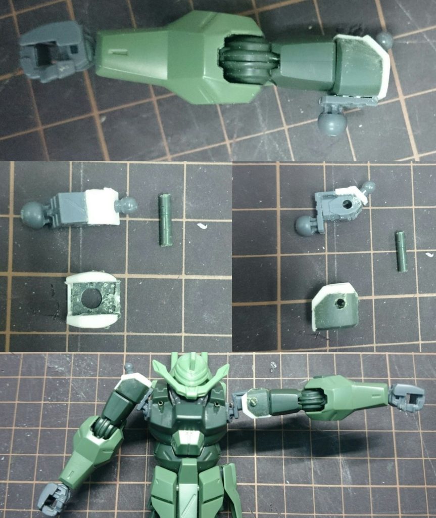 腕ジャハナムの肩アーマーを移植する為に、受け部を設置。最初は写真上側の状態で行く予定でしたが可動域が狭く、肩内部にもジョイントを設けて、可動域を確保しました。