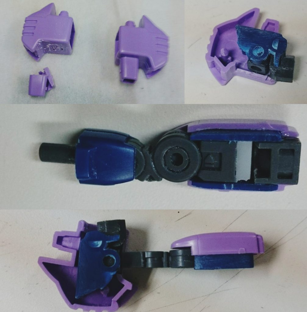 腕部まず腕からですが、お得意のF91仕込み作戦です。干渉箇所を削り 中に入れました。F91フレームは手首手前で延長して長さを合わせています。