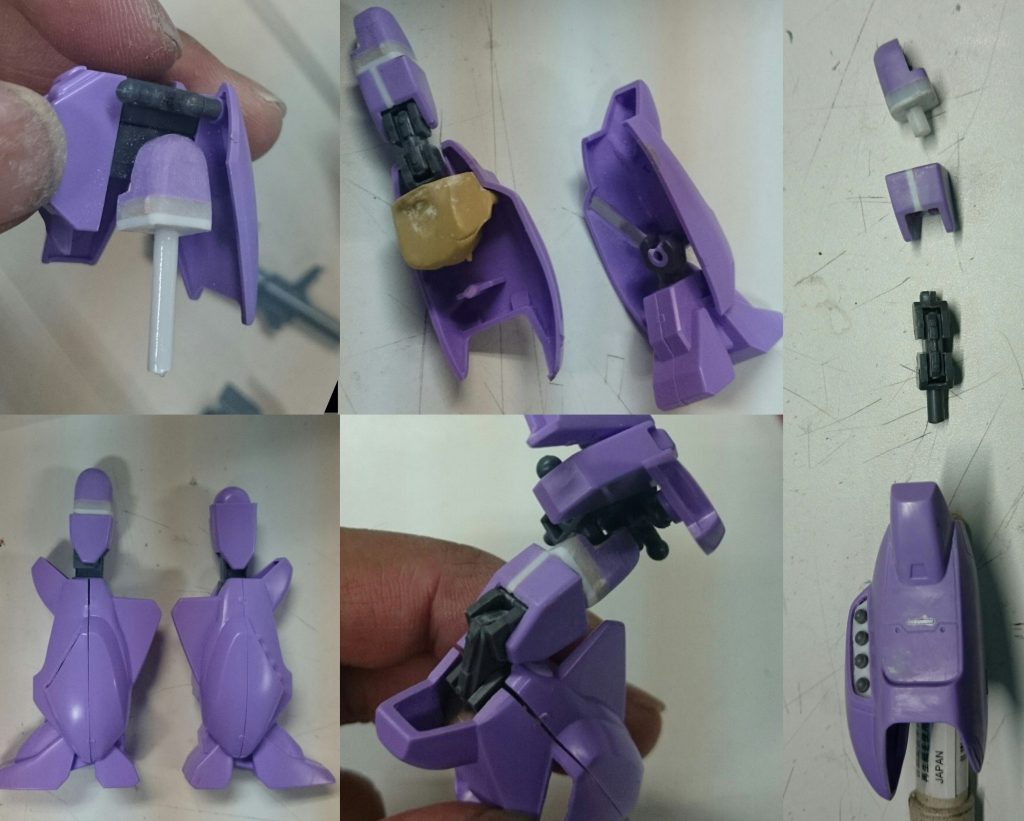 脚部2太ももはキットのを切断してロール軸を追加。膝関節はコトブキヤのhips関節を仕込むため、ふくらはぎ側にはパテで受け部を作りました。