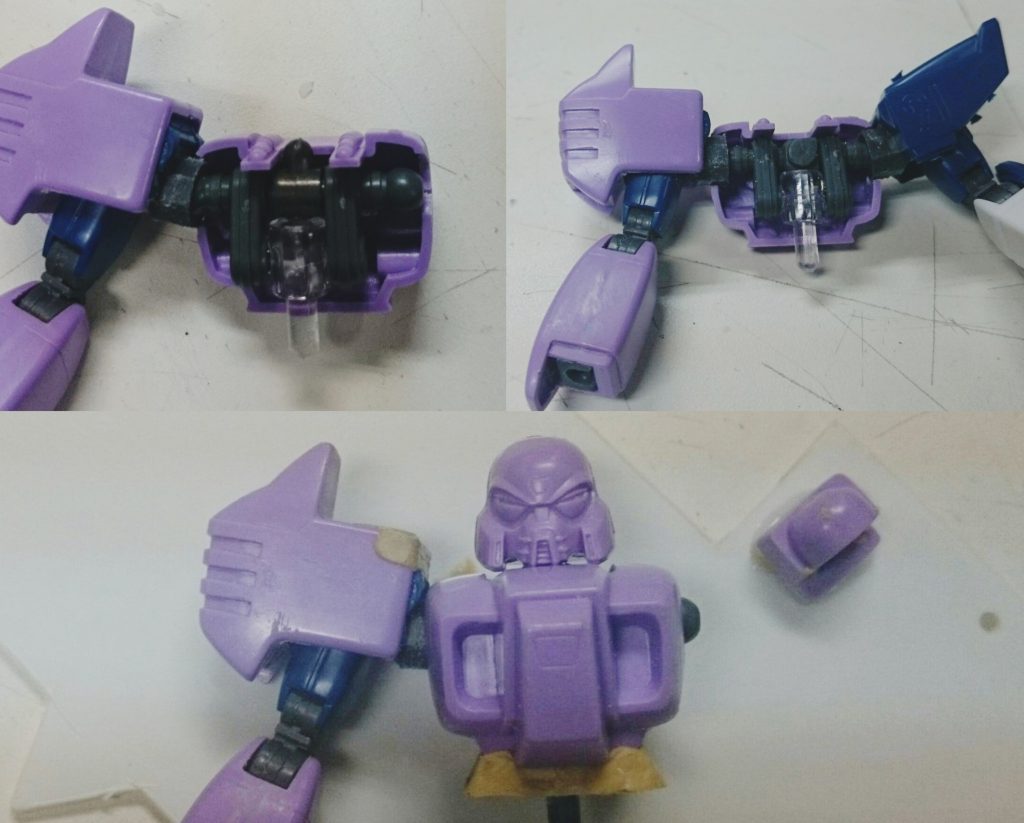 胴体部F91の肩軸を受けれる様にし、テキトーなジョイントを組み合わせて腰への接続軸も設けました。下腹部はパテで延長してあります。