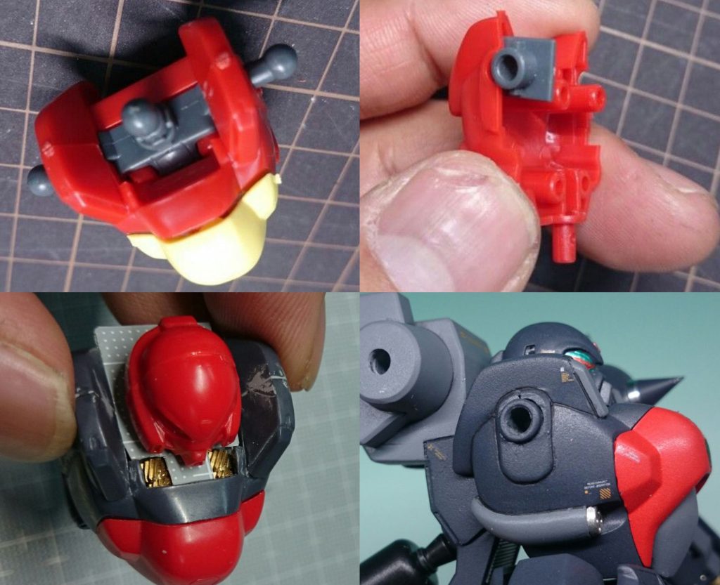胸部肩関節はキットのVフレームを廃止し、バトルアームズの関節部品を移植。首元には空洞があるので、プラ板で蓋をしつつ、ネジを埋めてディテールとしています。