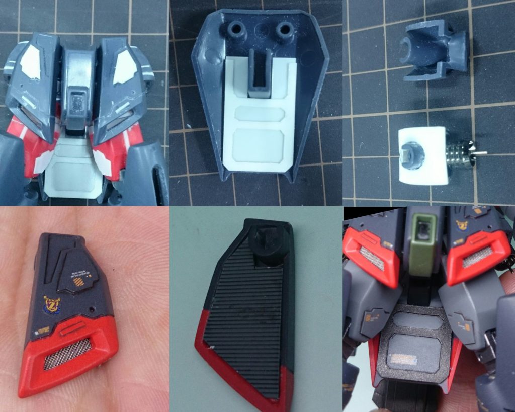 腰部Vフレームはそのまま使用しています。フロントアーマーは開口して金属メッシュを貼り付け、アーマー裏はスジ入りプラ板で蓋しています。リアアーマーはテキトーにモールドを製作。サイドアーマーも肉抜き穴を埋めています。