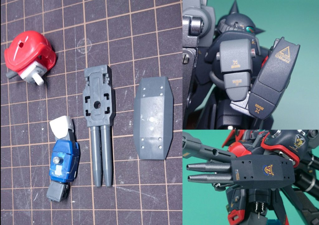 左腕左も右同様にウイングゼロベース。可動域が広がっています。雑誌付録のシールドを移植しました。肩アーマーのスパイクは切り落とし、メタルパーツに置換してます。